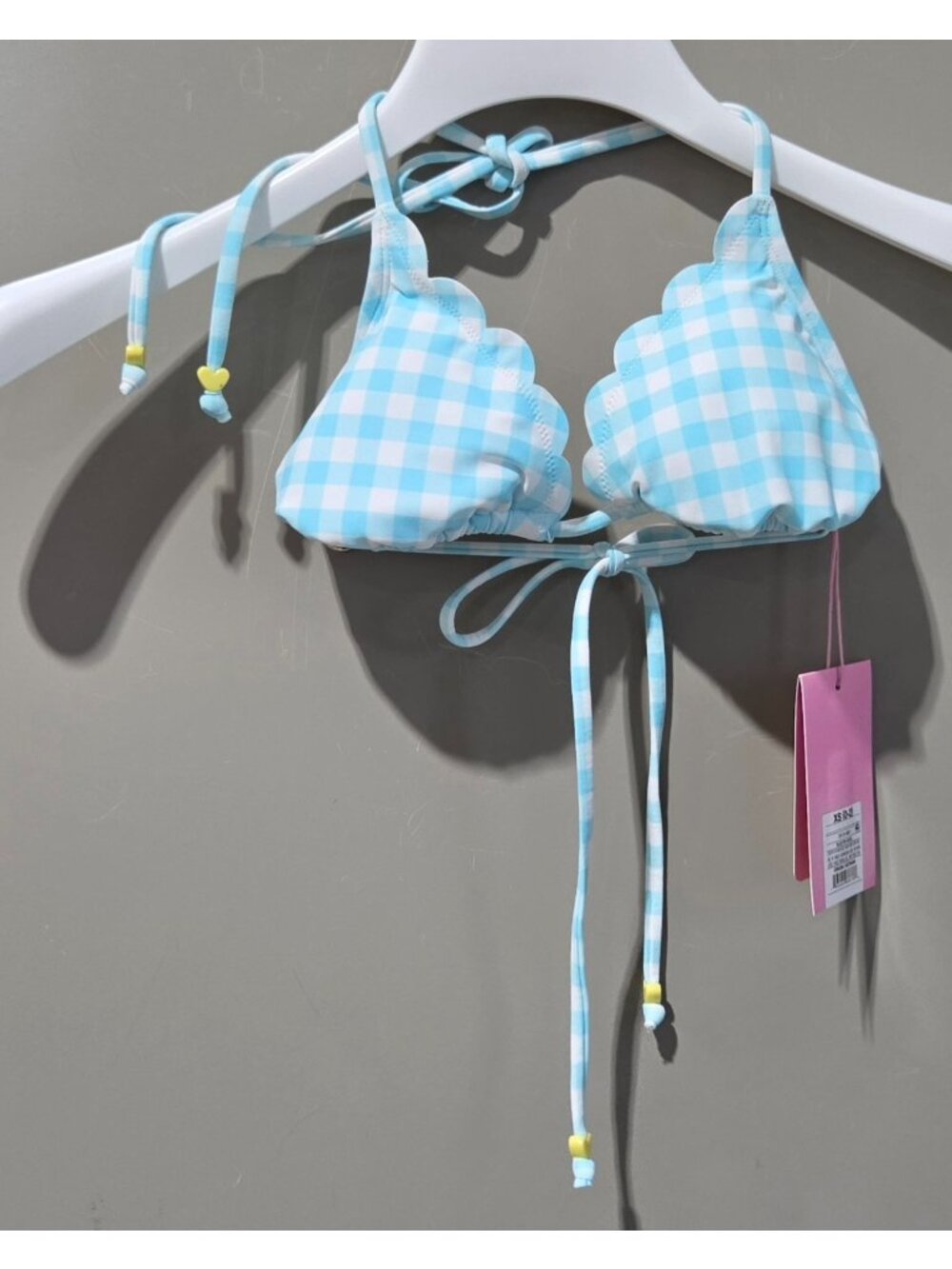 Stoney Clover Lane Blue Gingham Scalloped Trim Triangle Bikini Swim Top - XS 0-2